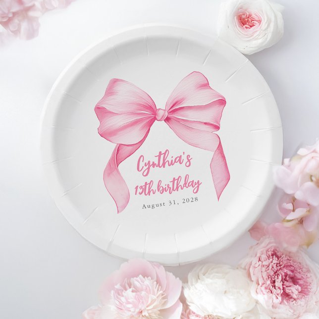 Pink Bow Cute Birthday Party Paper Plates (Pink Bow Birthday Paper Plates)