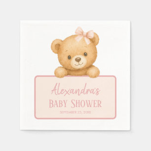 Pink Bow Cute Brown Teddy Bear Baby Girl Shower Napkins