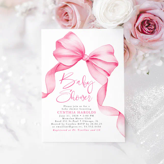 Pink Bow Cute Sweet Baby Girl Baby Shower Invitation | Zazzle