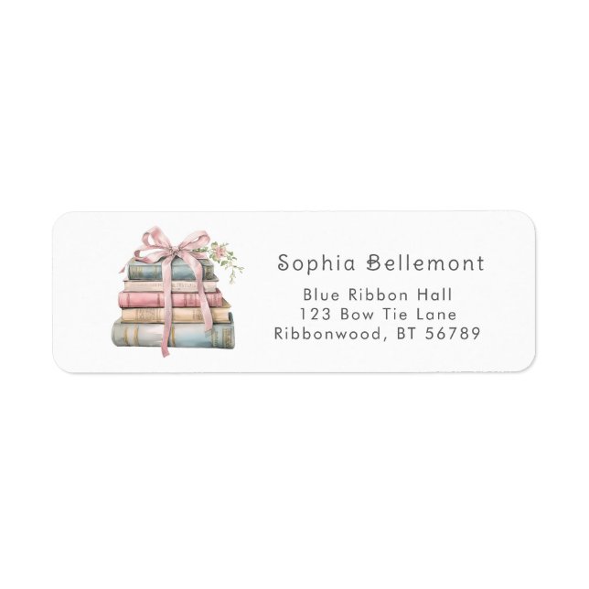 Pink bow cute watercolor books Return Address Label (Front)