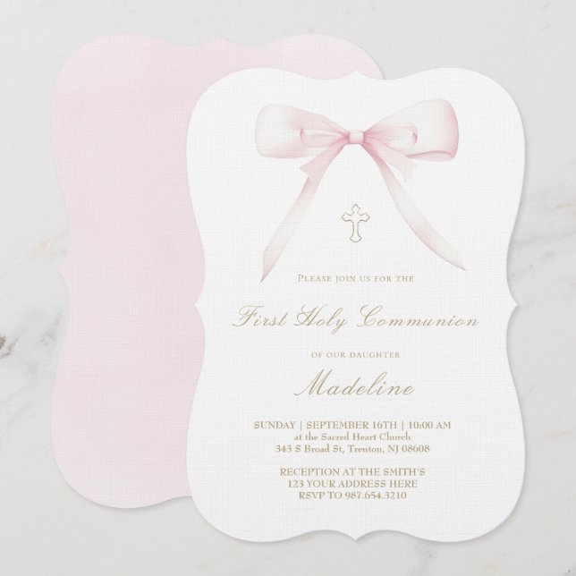  pink bow design First Holy Communion girl Invitation (Front/Back)