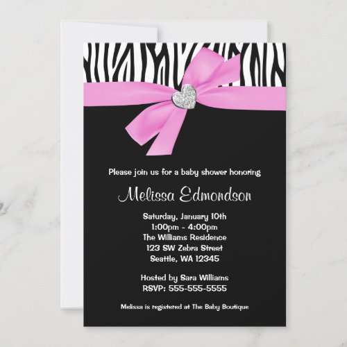 Pink Bow Diamond Heart Zebra Baby Shower Invitation