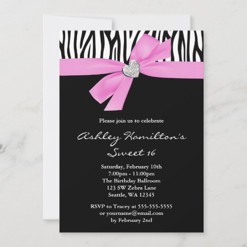 Pink Bow Diamond Heart Zebra Sweet 16 Personalized Invitations