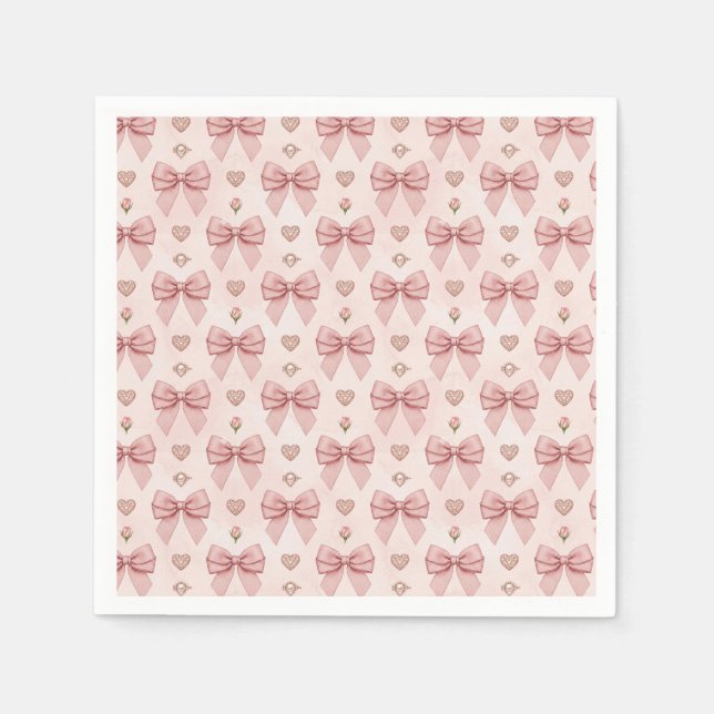 Pink Bow Diamond Ring Heart Pattern Napkins (Front)