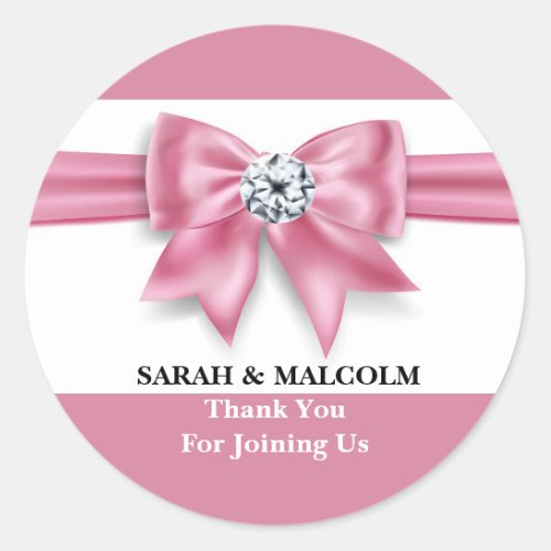 Pink bow diamond sparkle elegant wedding favor classic round sticker