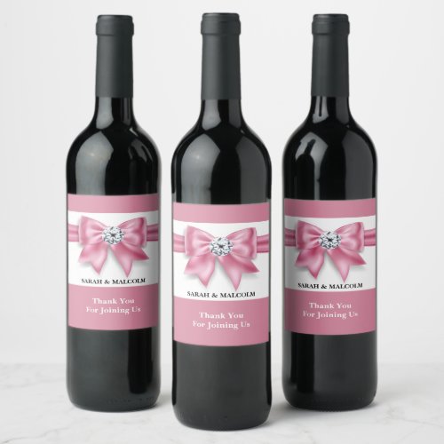 Pink bow diamond sparkle elegant wedding favor  wine label