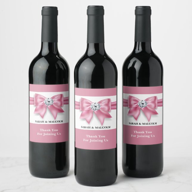 Pink bow diamond sparkle elegant wedding favor  wine label (Bottles)