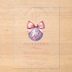 Pink Bow Disco Ball Graduation Party Acrylic Invitations