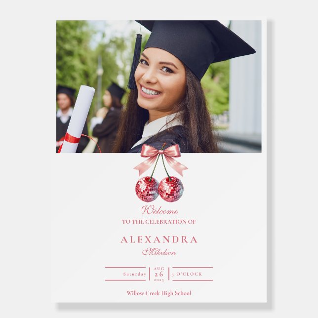 Pink Bow Disco Ball Graduation Party Foam Board (Front)