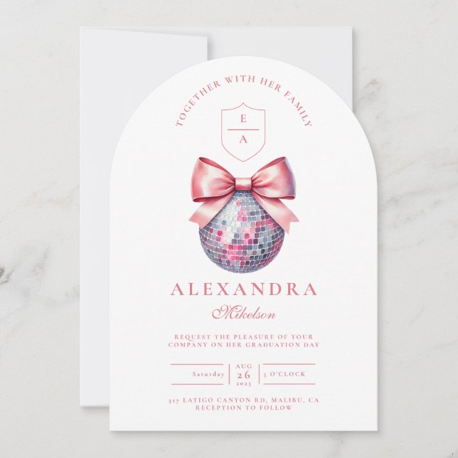 Pink Bow Disco Ball Graduation Party Invitation (Front)