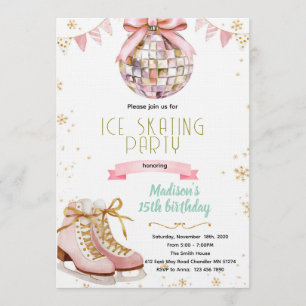Pink bow disco ice skating party invitation
