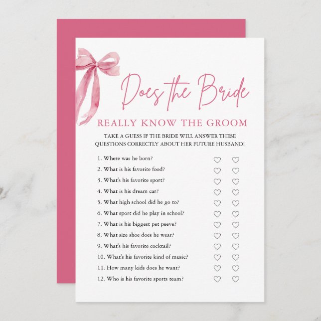 Pink Bow Does The Bride Really Know The Groom Game Invitation (Front/Back)