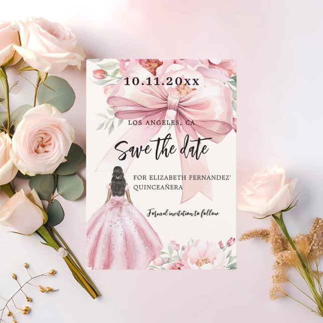 Pink bow dress Quinceanera Save the Date card (Creator Uploaded)