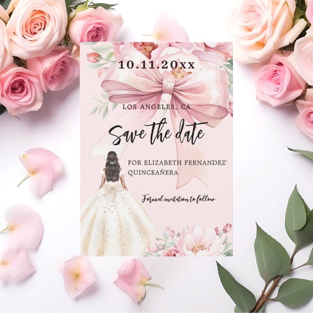Pink bow dress Quinceanera Save the Date card (Creator Uploaded)