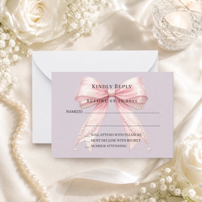 Pink bow dusty lavender response RSVP Note Card (Creator Uploaded)