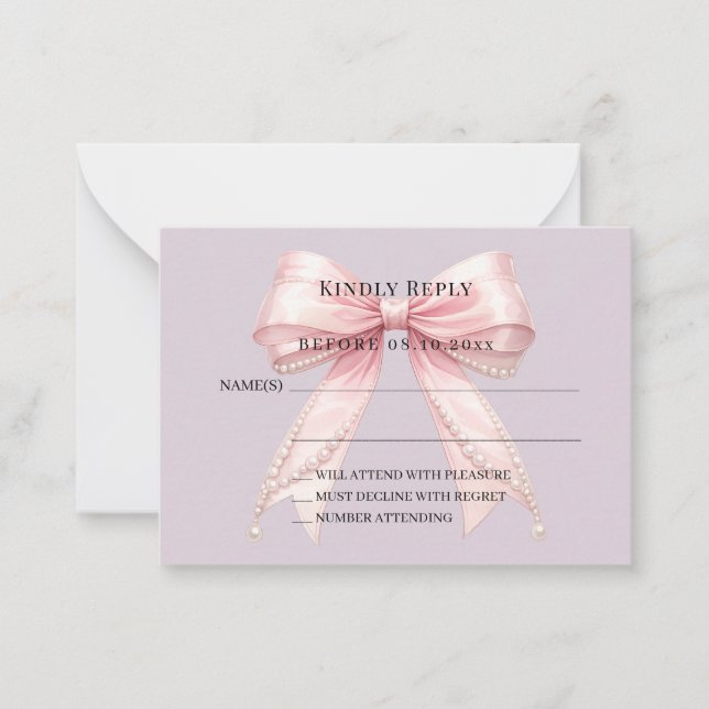 Pink bow dusty lavender response RSVP Note Card (Front)