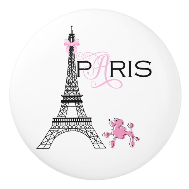 Pink Bow Eiffel Tower Paris France Poodle Chic Ceramic Knob (Front)