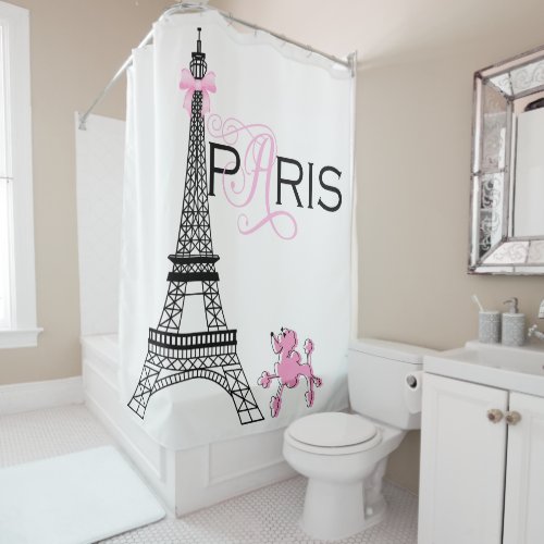 Pink Bow Eiffel Tower Paris France Poodle Custom Shower Curtain