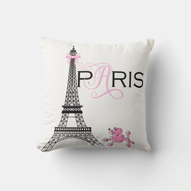Pink Bow Eiffel Tower Paris France Poodle Custom Throw Pillow (Front)