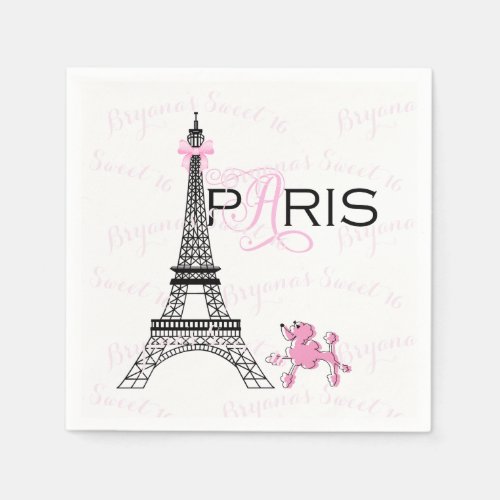 Pink Bow Eiffel Tower Paris France Poodle Party Paper Napkins