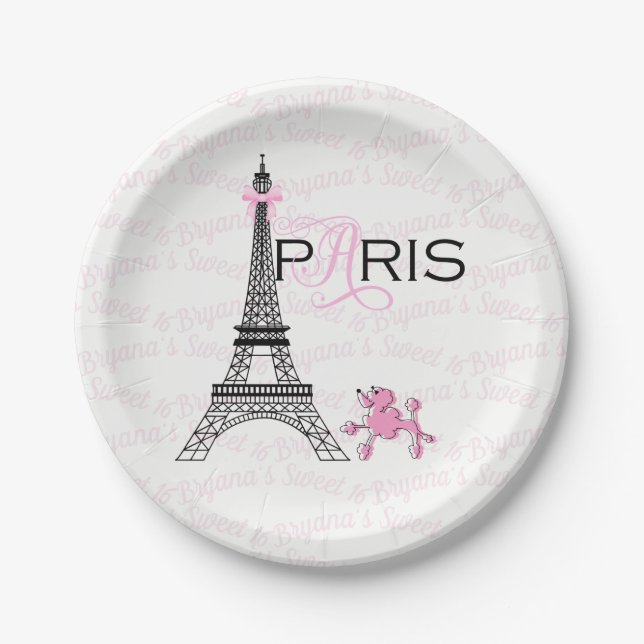 Pink Bow Eiffel Tower Paris France Poodle Party Paper Plates (Front)