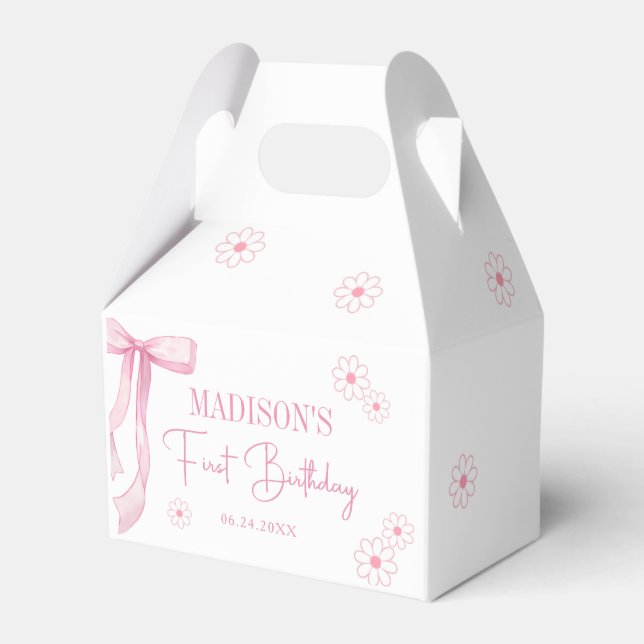 Pink Bow Elegant 1st Birthday Favor Boxes (Front Side)