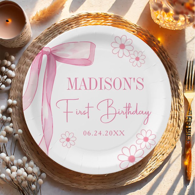 Pink Bow Elegant 1st Birthday Paper Plates (Creator Uploaded)