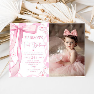 Pink Bow Elegant 1st Birthday Photo Invitation
