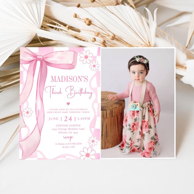Pink Bow Elegant 3rd Birthday Photo Invitation (Creator Uploaded)