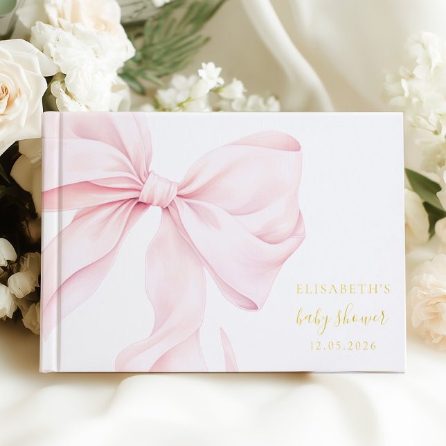 Pink Bow Elegant Baby Shower Gold Foil Guest Book (Creator Uploaded)
