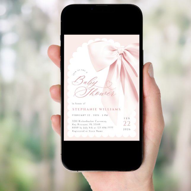 Pink Bow Elegant Baby Shower Invitation (Front Digital)