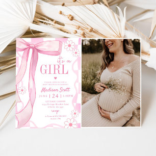 Pink Bow Elegant Baby Shower Photo Invitation