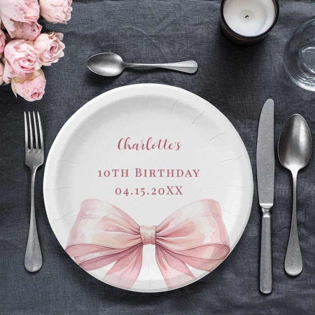 Pink bow elegant birthday paper plates (Creator Uploaded)
