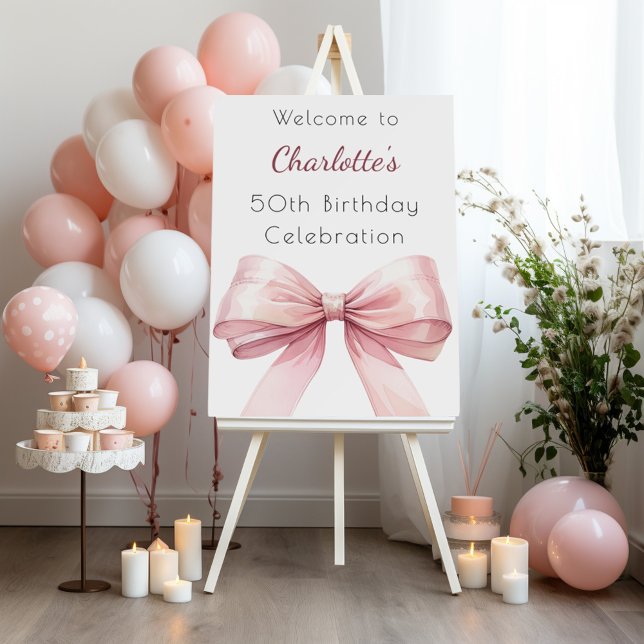 Pink bow elegant birthday party welcome foam board (Creator Uploaded)