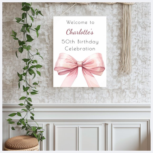 Pink bow elegant birthday party welcome poster (Creator Uploaded)