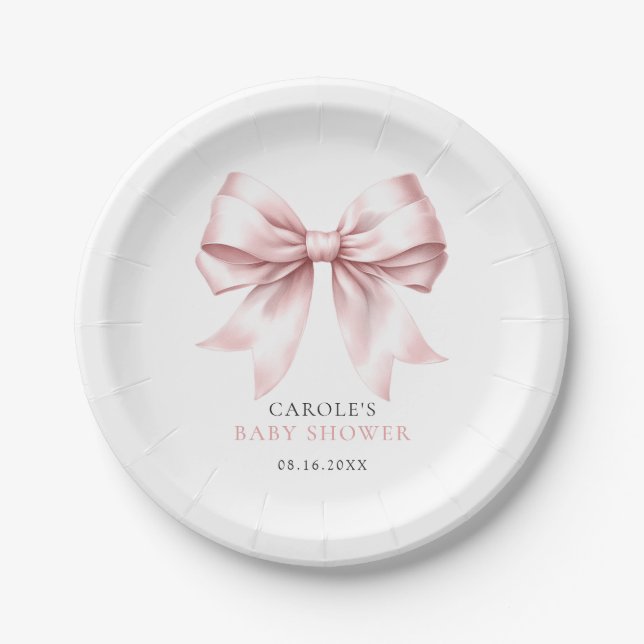 Pink Bow Elegant Blush Baby Girl Baby Shower Paper Plates (Front)