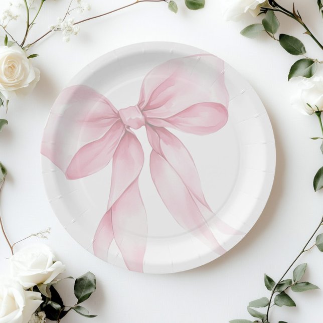 Pink Bow elegant Blush Pink Baby shower Paper Plates (Creator Uploaded)