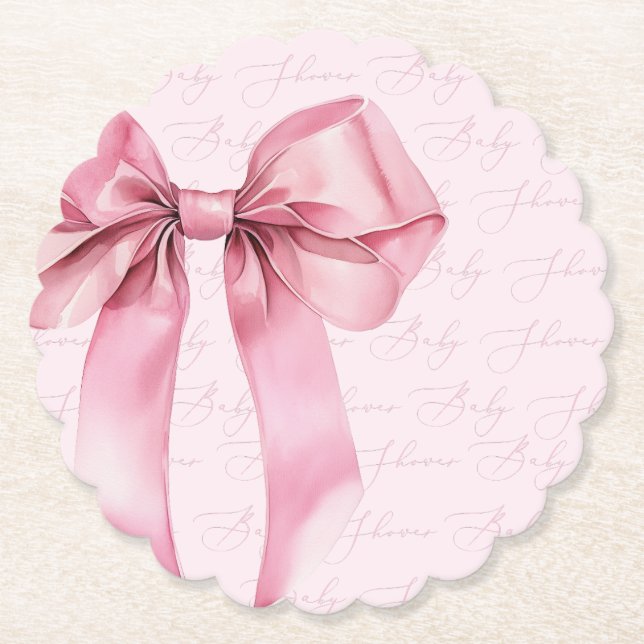 Pink Bow Elegant calligraphy Baby Shower Paper Coaster (Front)