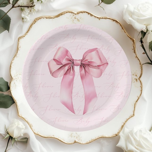 Pink Bow Elegant calligraphy Baby Shower Paper Plates (Creator Uploaded)