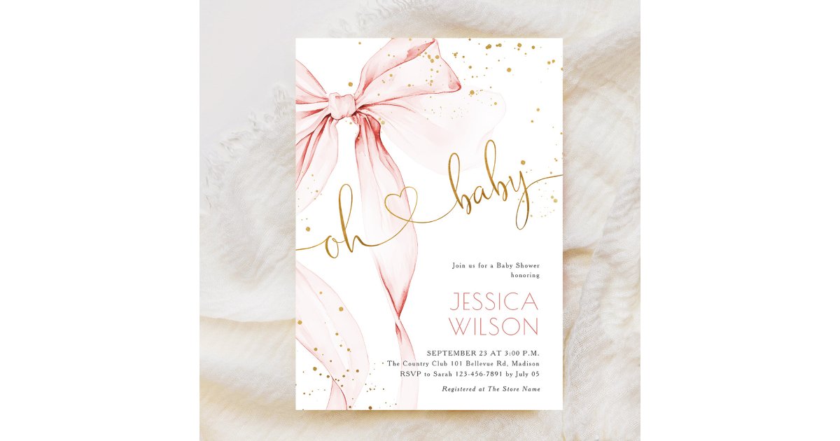 Pink Bow Elegant Girl Baby Shower Invitation | Zazzle