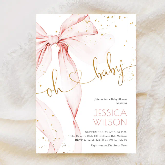 Pink Bow Elegant Girl Baby Shower Invitation | Zazzle