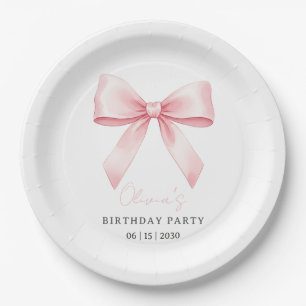 Pink Bow Elegant Minimalist Birthday Party Paper Plates