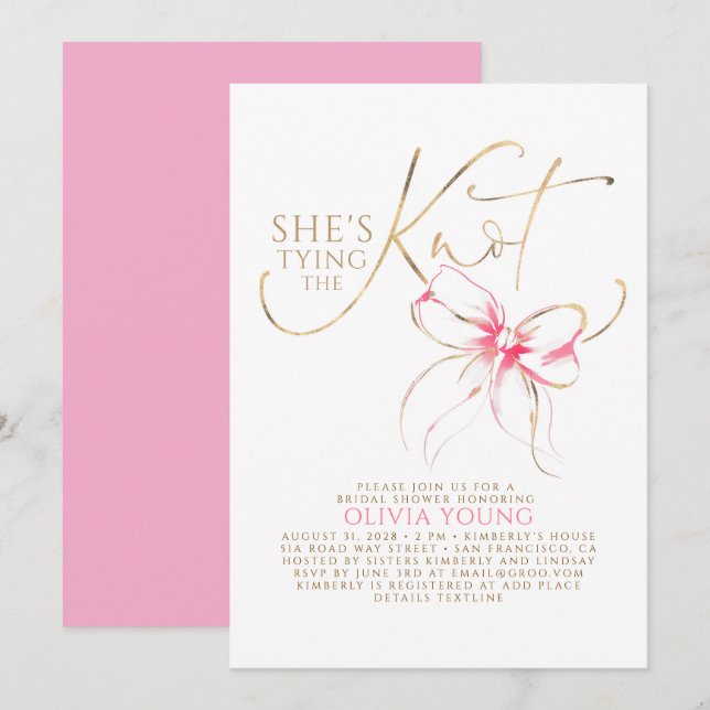 Pink Bow Elegant Modern Minimalist Bridal Shower Invitation (Front/Back)