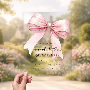 Pink bow elegant Quinceanera luxury clear Acrylic Invitations