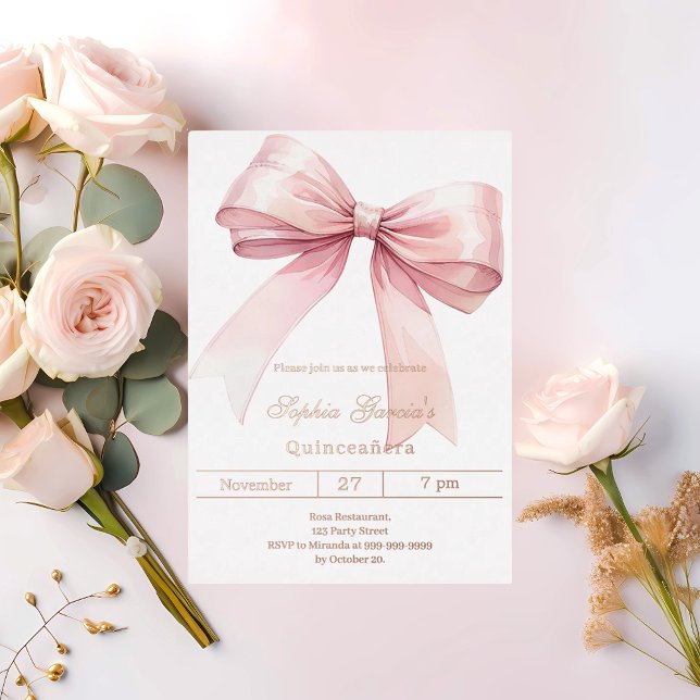 Pink bow elegant Quinceanera rose gold Foil Invitation (Creator Uploaded)