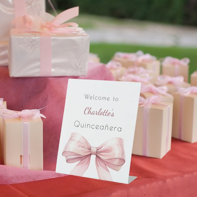 Pink bow elegant Quinceanera welcome Pedestal Sign (Creator Uploaded)