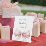 Pink bow elegant Sweet 16 welcome Pedestal Sign<br><div class="desc">A stylish white background decorated with a large pink bow.   Personalize and add a name.</div>