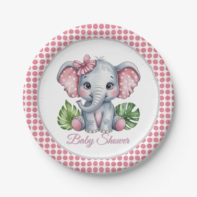 Pink Bow Elephant Girl Baby Shower Paper Plates (Front)