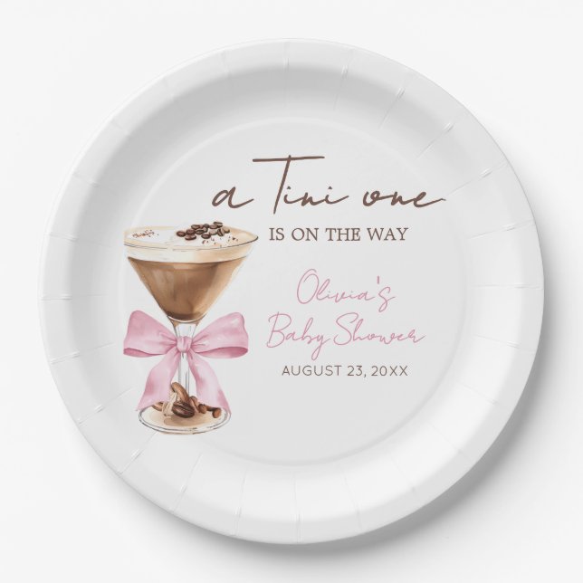 Pink Bow Espresso Martini Baby Shower Paper Plates (Front)