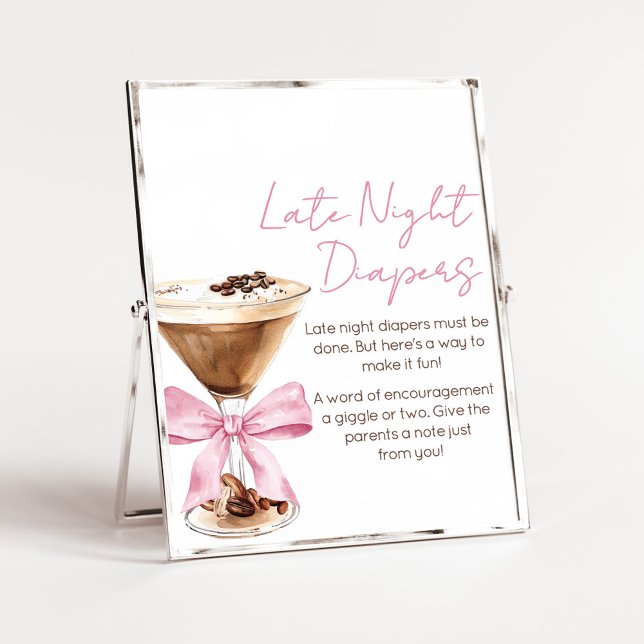 Pink Bow Espresso Shower Late Night Diapers Sign (Espresso Baby Shower Sign)